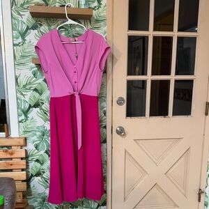 Two-Tone Pink Tie-Waist Midi Dress